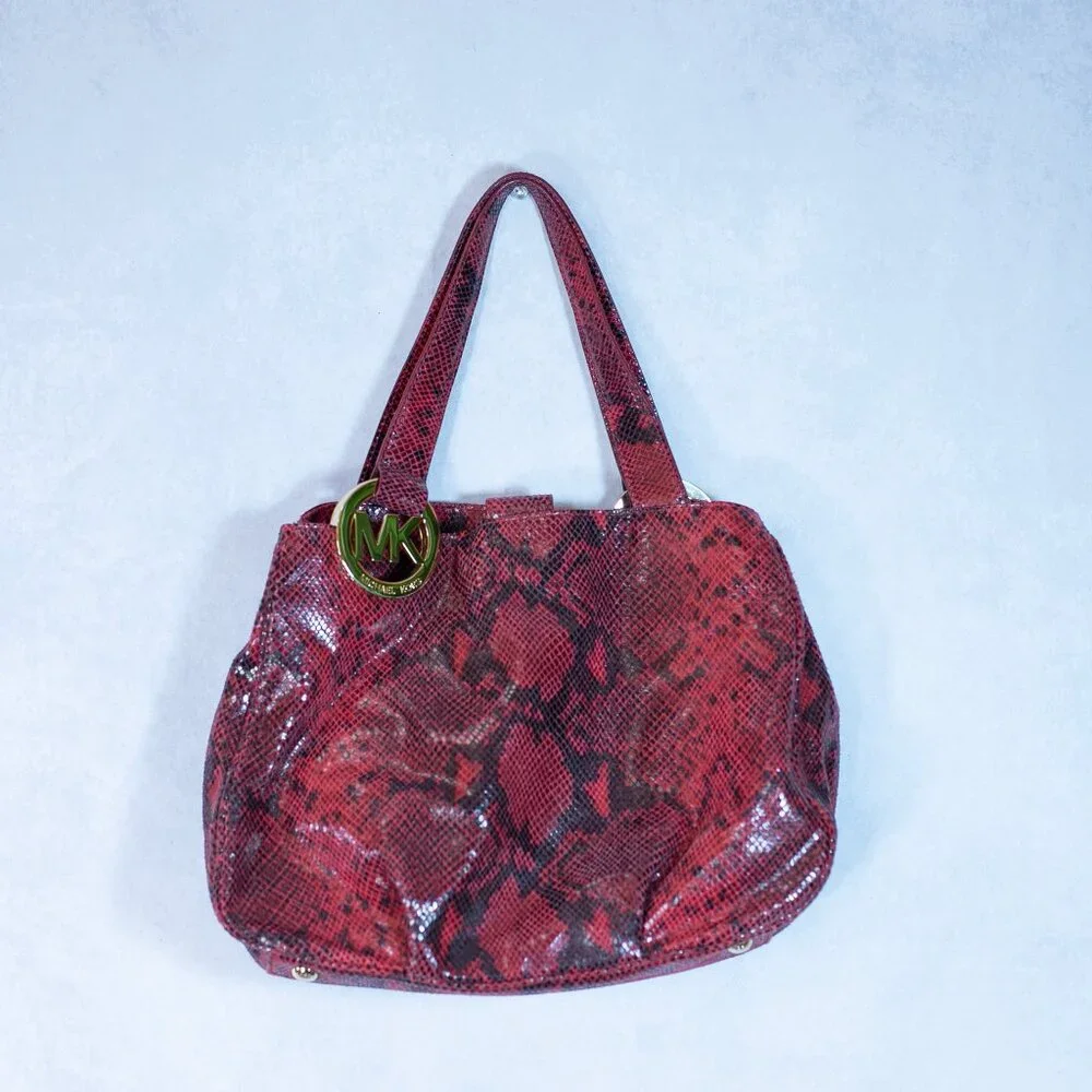 Michael Kors Fulton East-West Tote Red Python Embossed Leather Bag Large